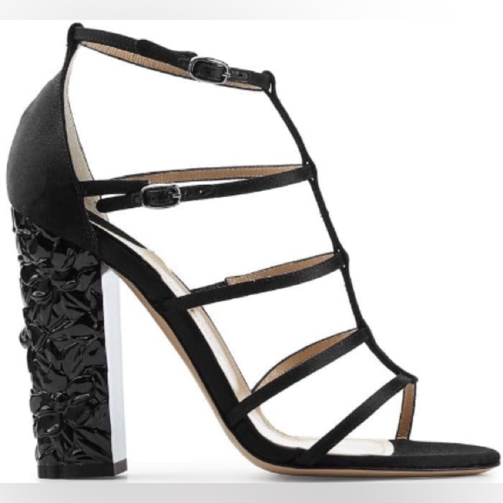 Paul Andrew Oralie Black Strappy Sandals with Floral Sculptural Heel